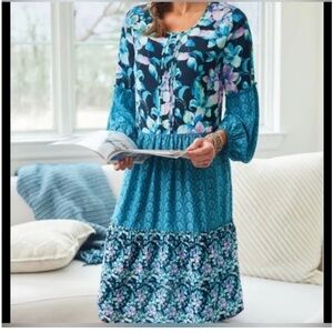 Soft Surroundings NWT Midnight Bloom Floral Crinkle Gauze Dress Blue - 1X